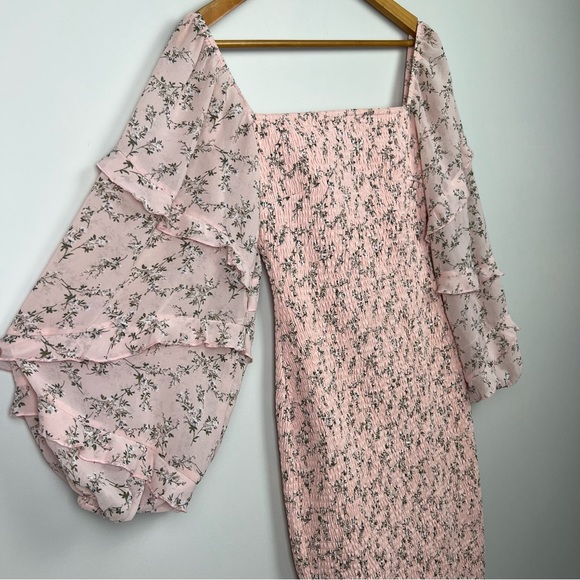Two Sisters Label Midi Dress Shirred Stretch Bodycon Pink Floral Cocktail Size 8 - Picture 8 of 13